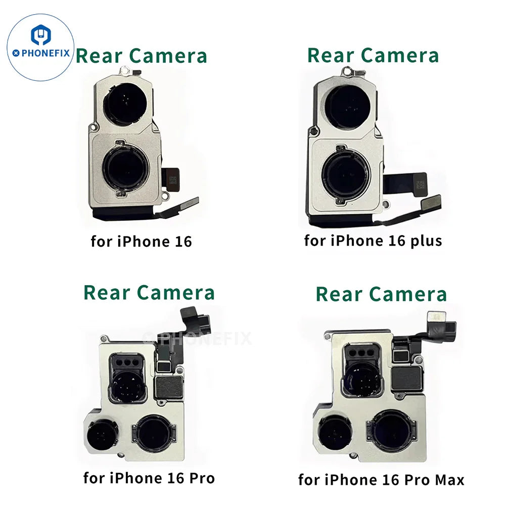 Rear camera assembly for iPhone 7 to 16 Pro Max, compatible iPhone accessories by PHONEFIX, showing the new camera lens and components.