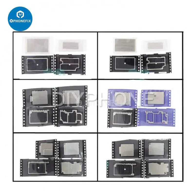 PhoneFix metal motherboard heat shield cover set for iPhone 8 to 17 Pro Max, protective accessory for internal phone components.