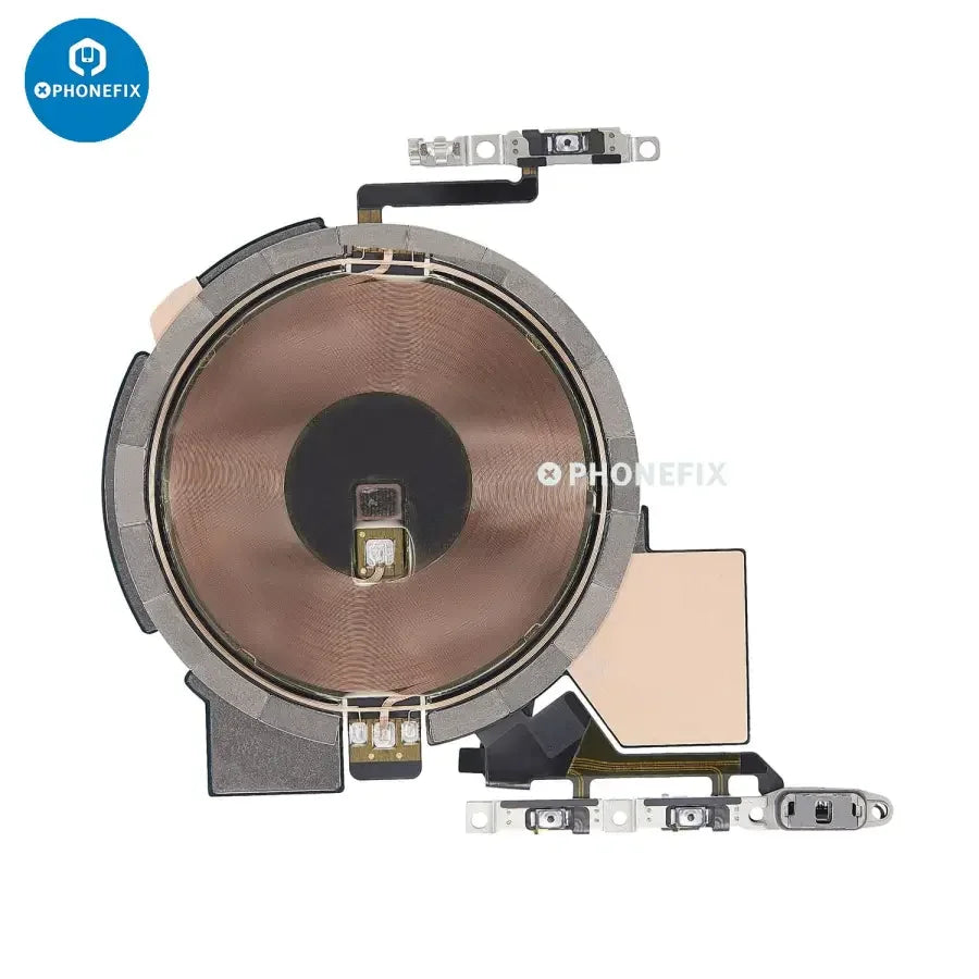 Wireless NFC charging flex assembly for iPhone X to 15 Pro Max, designed by PHONEFIX, showing the flex cable and connector details.