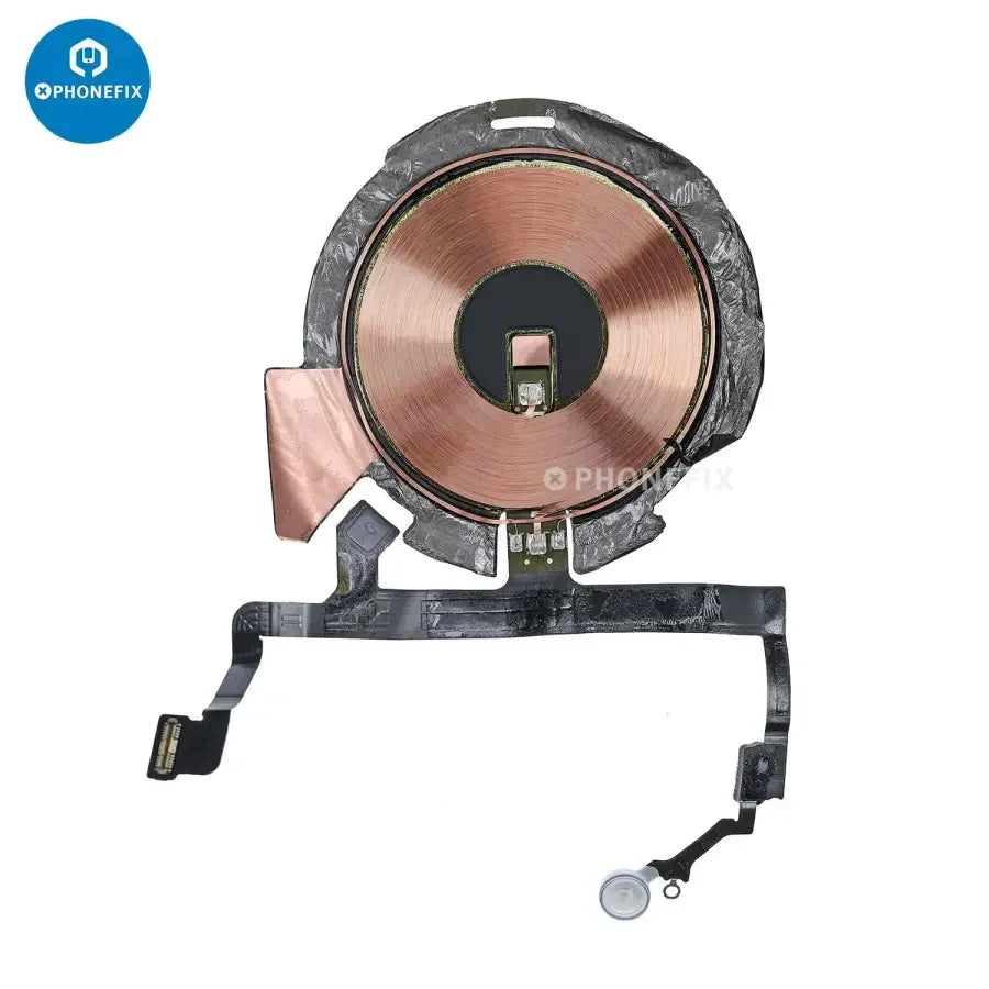 Wireless NFC charging flex assembly for iPhone X to 15 Pro Max by PHONEFIX, showing flexible connector and internal components.