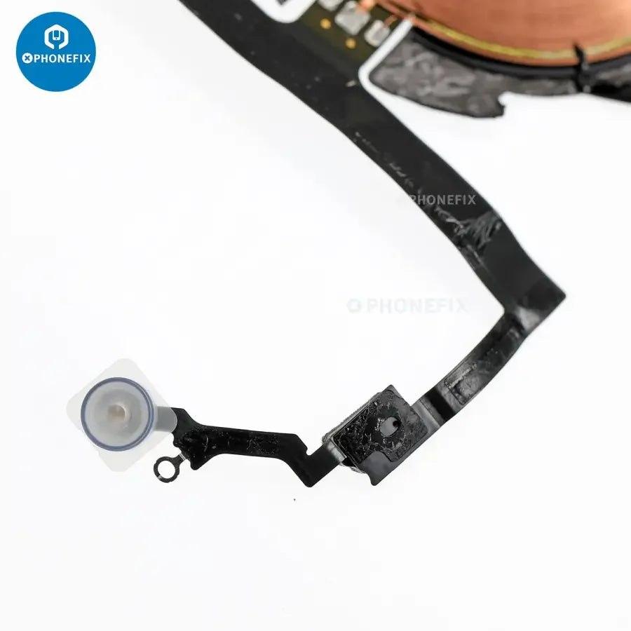 Wireless NFC charging flex assembly for iPhone X to 15 Pro Max by PHONEFIX, showing the flexible connector and electronic components.