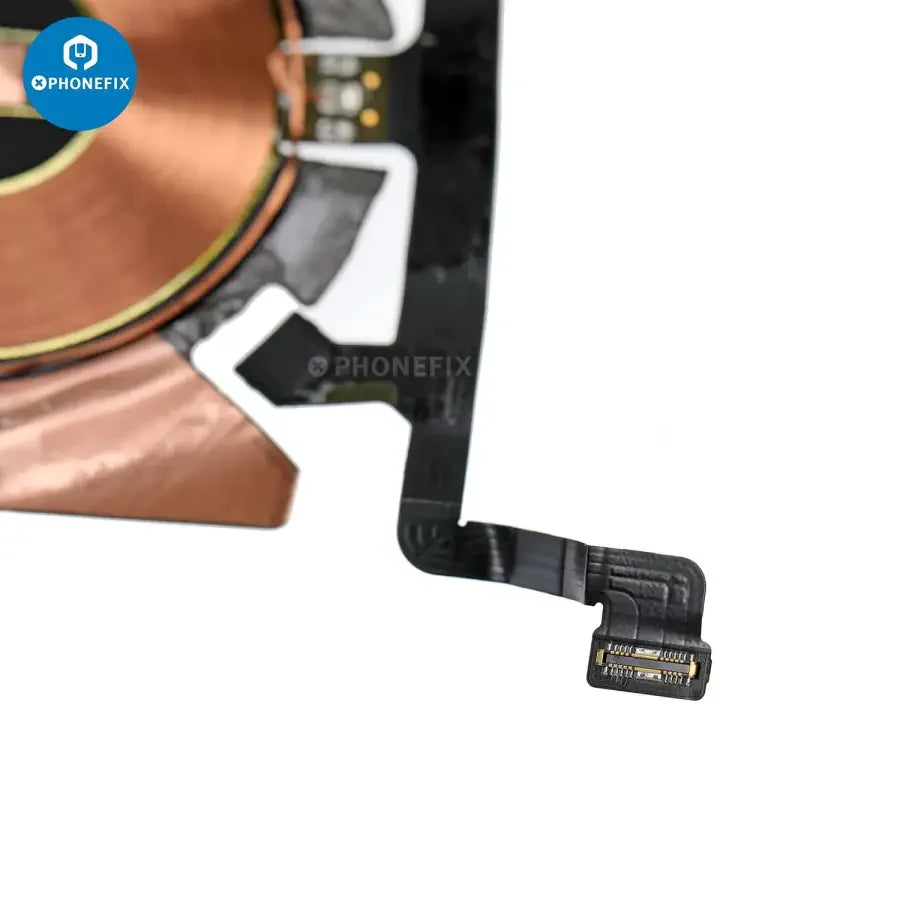 Wireless NFC charging flex assembly for iPhone X to 15 Pro Max, iPhone accessories by PHONEFIX, showing the flex cable and connector.