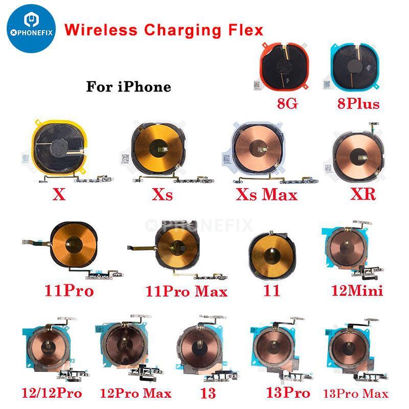 Wireless NFC charging flex assembly for iPhone X to 15 Pro Max, compatible with PHONEFIX iPhone accessories, showing flex cables and connectors.