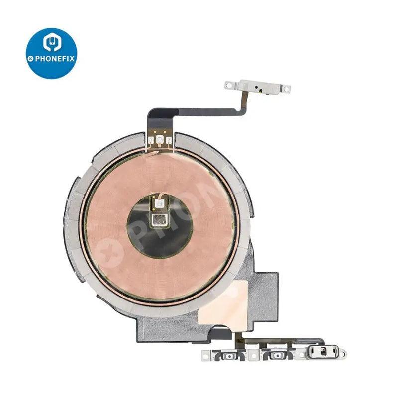 Wireless NFC charging flex assembly for iPhone X to 15 Pro Max, replacement iPhone accessory by PHONEFIX, shows flex cable and components