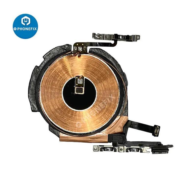 Wireless NFC charging flex assembly for iPhone X to 15 Pro Max by PHONEFIX, showing the flex cable and connector for repair.