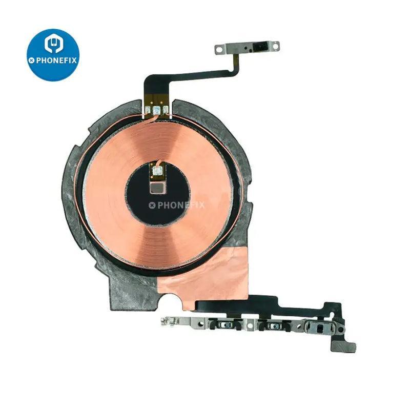 Wireless NFC charging flex assembly for iPhone X to 15 Pro Max by PHONEFIX, showing the flexible connector and components.
