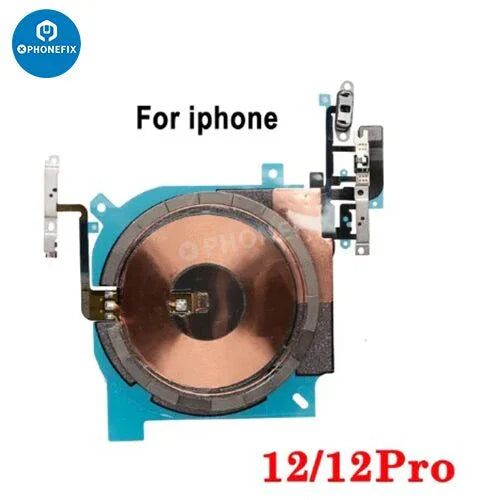 Wireless NFC charging flex assembly for iPhone X to 15 Pro Max, PHONEFIX brand, showing the flexible circuit and connector.