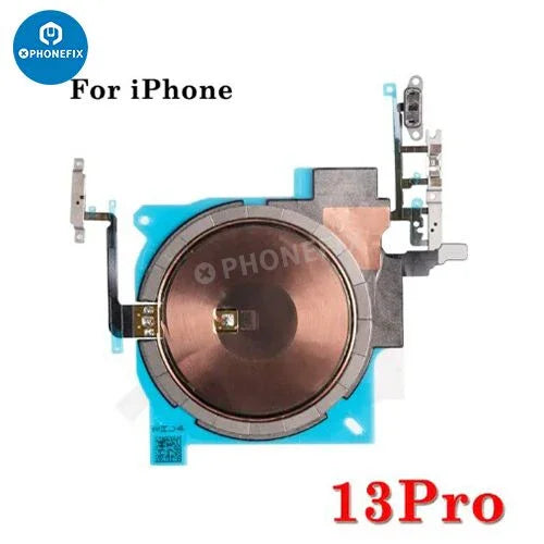 Wireless NFC charging flex assembly for iPhone X to iPhone 15 Pro Max, showing the flexible circuit and connector from PHONEFIX.