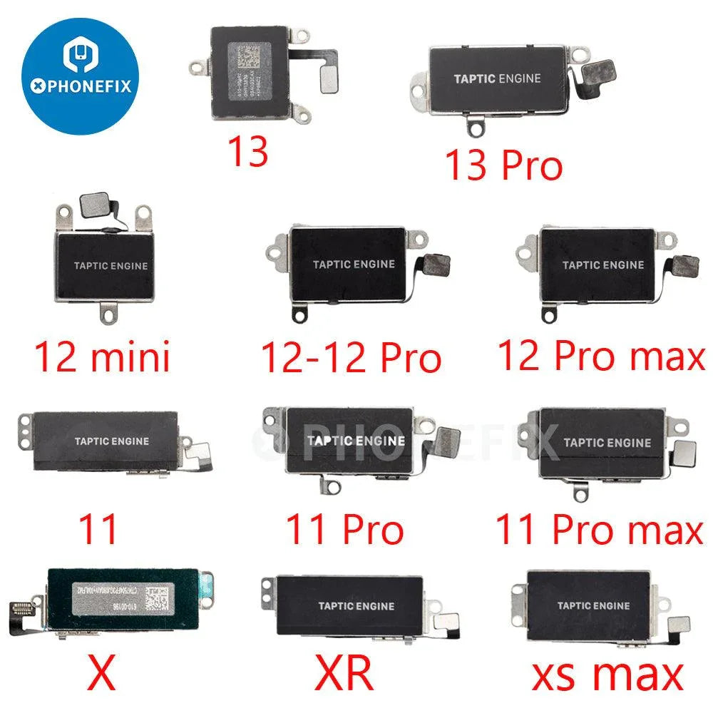 Vibration motor replacement for iPhone 8 to 14 Pro Max, shown as a small electronic component for iPhone accessories by PHONEFIX.