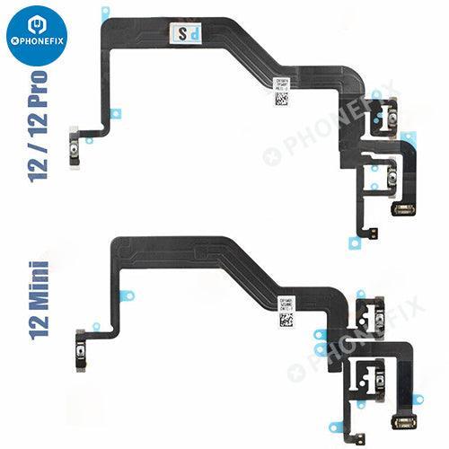 Remplacement de la nappe flexible du bouton de volume des iPhone 8-15 Pro Max par PHONEFIX, montrant la nappe flexible avec ses connecteurs pour la réparation.