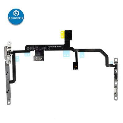 Remplacement de la nappe flexible du bouton de volume des iPhone 8-15 Pro Max par PHONEFIX, avec un gros plan de la nappe flexible pour la réparation du téléphone.