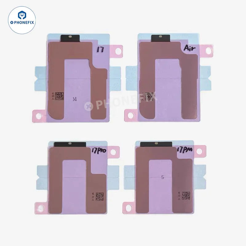 Tiras adhesivas impermeables y tiras para baterías del iPhone 17 y Air Pro Max de PHONEFIX, mostradas sobre un fondo blanco.