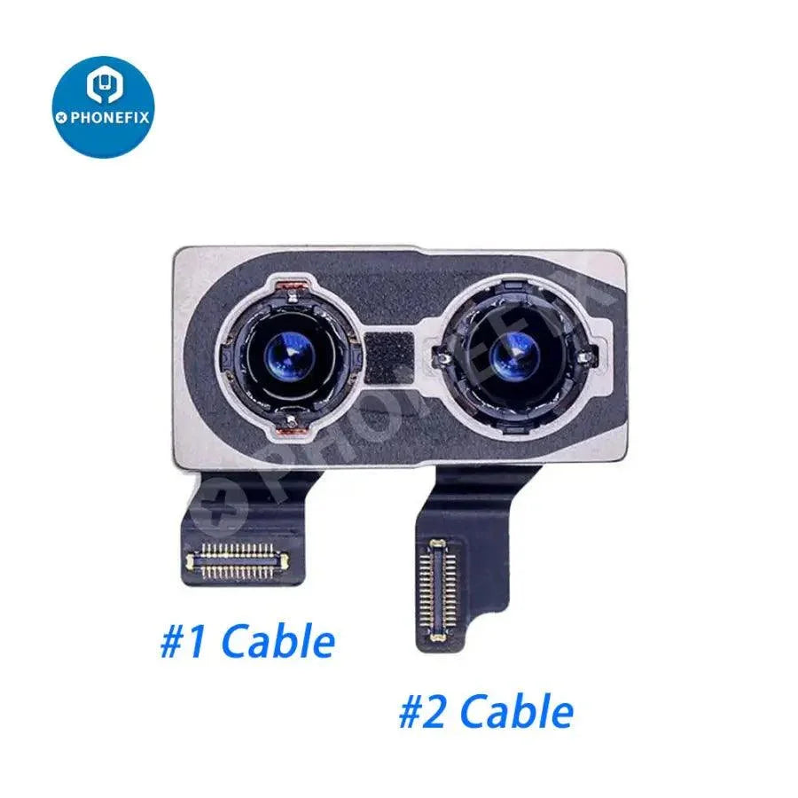 Replacement rear main camera flex cable for iPhone X, XS, XR, XS Max by PHONEFIX, showing the flexible cable and connectors.