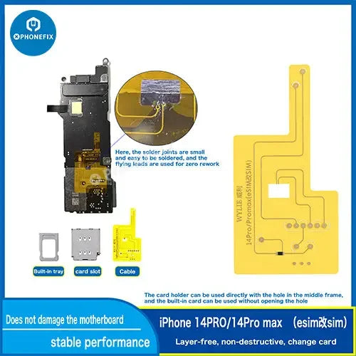 PhoneFIX Wylie tool kit for iPhone 14 Pro Max eSIM to SIM card conversion, showing tools and components for iPhone accessories.