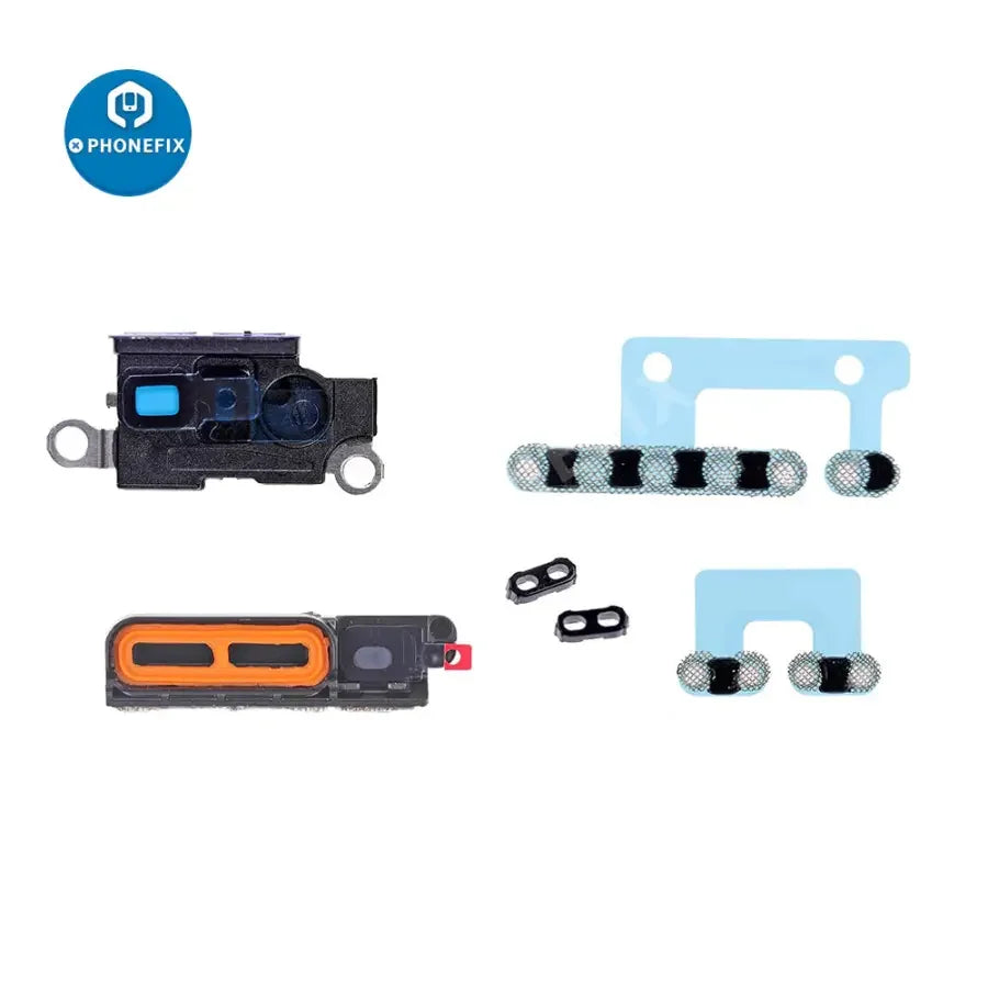 Set of six PHONEFIX anti-dust mesh covers for iPhone 12 Mini and ProMax, black and blue, with adhesive for charging ports.
