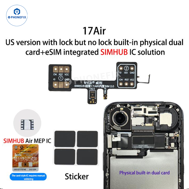 WYLIE iPhone 14-17 eSIM to 2 SIM MEP kit by PHONEFIX, supporting DB UltraSnow IC, shown with SIM adapter components.