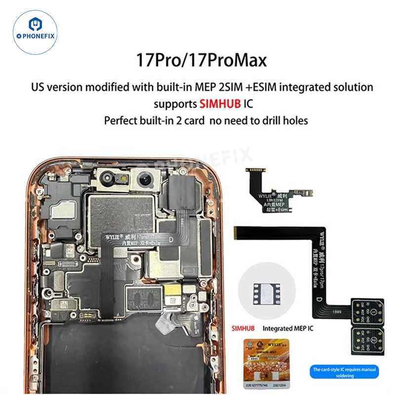 WYLIE iPhone 14-17 eSIM to 2 SIM MEP Kit by PHONEFIX, supporting DB UltraSnow IC, shown with dual SIM card components.