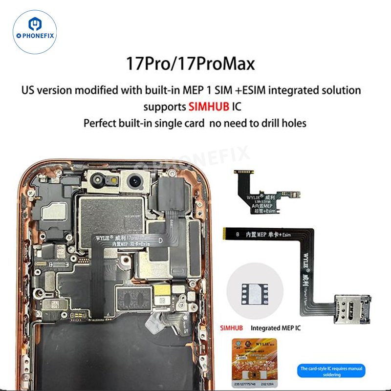 WYLIE iPhone 14-17 eSIM to 2 SIM MEP Kit by PHONEFIX, supporting DB UltraSnow IC, shown with single SIM card in image.