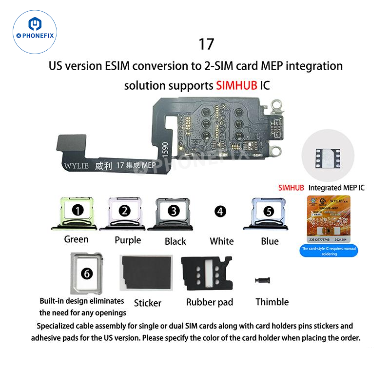 WYLIE iPhone 14-17 eSIM to 2 SIM MEP Kit by PHONEFIX, supporting DB UltraSnow IC, shown with dual SIM adapter and components.
