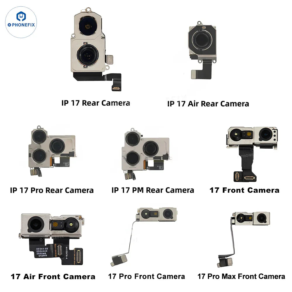 PHONEFIX iPhone 17, Air, Pro Max rear and front camera assembly replacement showing the camera modules and connectors.