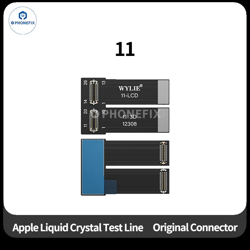 Wylie LCD screen test flex cable for iPhone X to Pro Max, PHONEFIX brand, close-up of flexible connector and circuitry.
