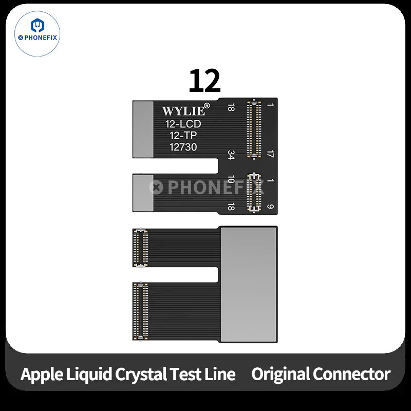 Wylie LCD screen test flex cable for iPhone X to Pro Max, an iPhone accessories by PHONEFIX, shown laid out for testing.