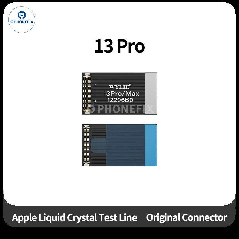 PHONEFIX Wylie LCD screen test flex cable for iPhone X to iPhone 17 Pro Max, showing connector and flexible cable design