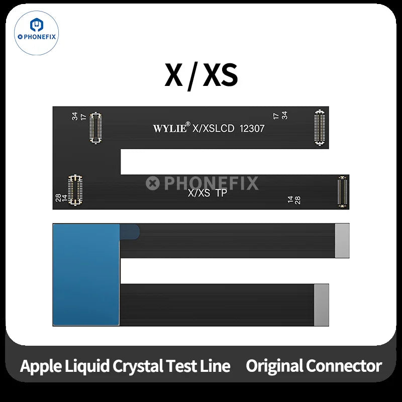 Wylie LCD screen test flex cable for iPhone X to iPhone 17 Pro Max, iPhone accessories by PHONEFIX, showing connector details.