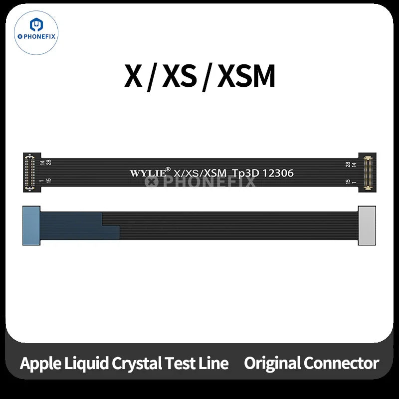 Wylie LCD screen test flex cable for iPhone X to 17 Pro Max, iPhone accessories, PHONEFIX brand, shown connected to device.