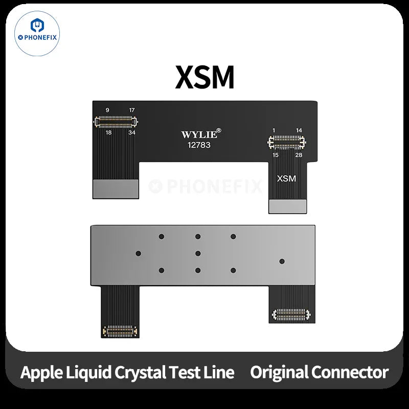 PhoneFix Wylie LCD screen test flex cable for iPhone X to iPhone 17 Pro Max, close-up of flexible cable and connector.