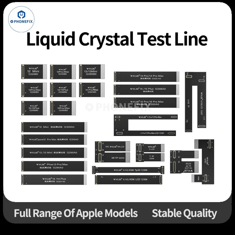 Wylie LCD screen test flex cable for iPhone X to 17 Pro Max, PHONEFIX iPhone accessories, showing cable and connector details.