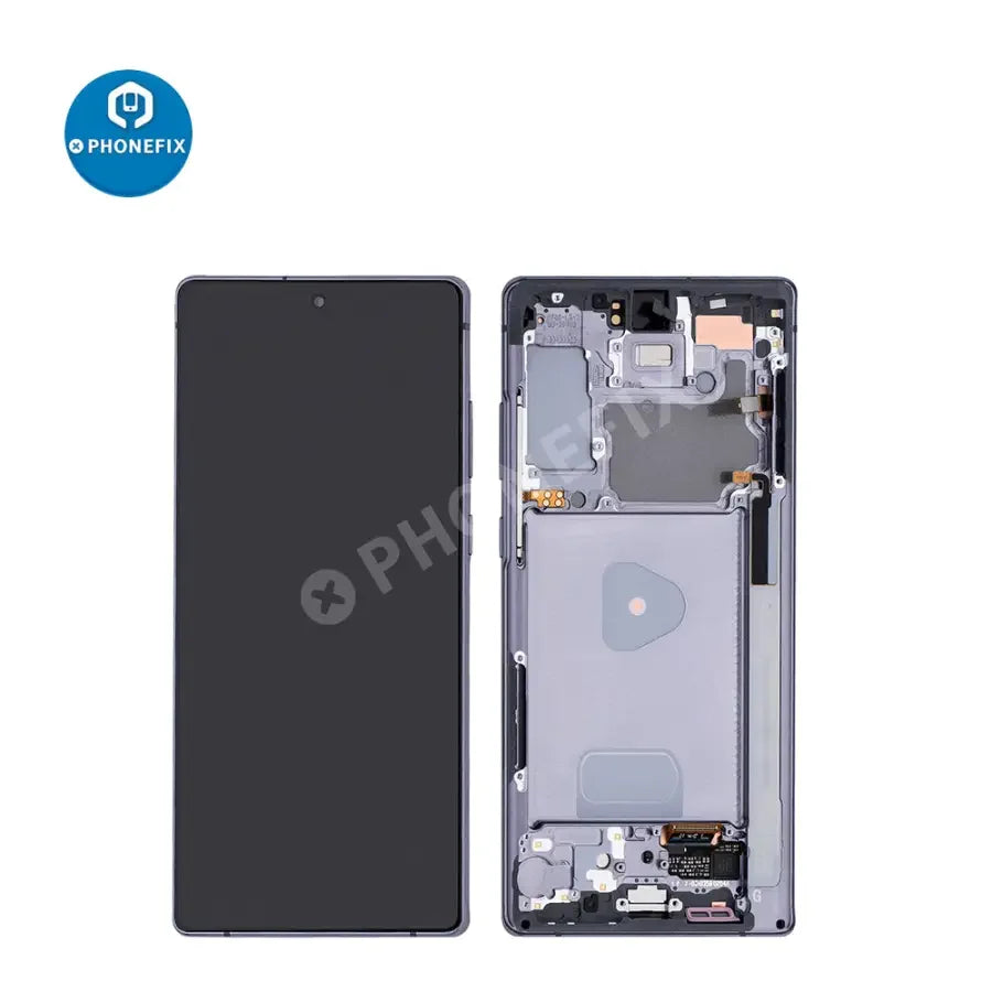 Samsung Galaxy Note 20 OLED screen assembly with frame replacement by PHONEFIX, showing the LCD and frame for repair.