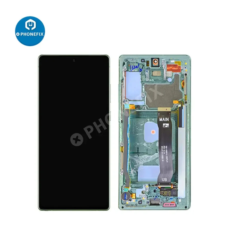 Samsung Galaxy Note 20 OLED screen assembly with frame replacement, by PHONEFIX, shown with front view and Mystic Gray color.