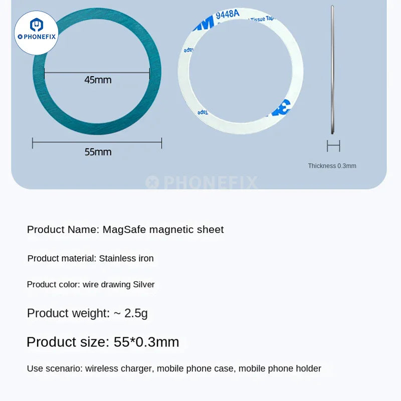 PHONEFIX MagSafe universal magnetic ring iron sheet for iPhone case support, compatible with MagSafe accessories and phone cases.
