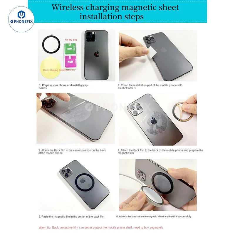 PHONEFIX MagSafe universal magnetic ring and iron sheet for iPhone case support, showcasing the magnetic attachment and metal plate.