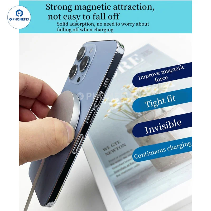 PHONEFIX MagSafe universal magnetic ring iron sheet for iPhone case support, compatible with MagSafe accessories and phone cases.
