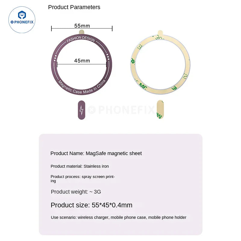 PHONEFIX MagSafe universal magnetic ring iron sheet for iPhone case support, compatible with magnetic phone accessories.