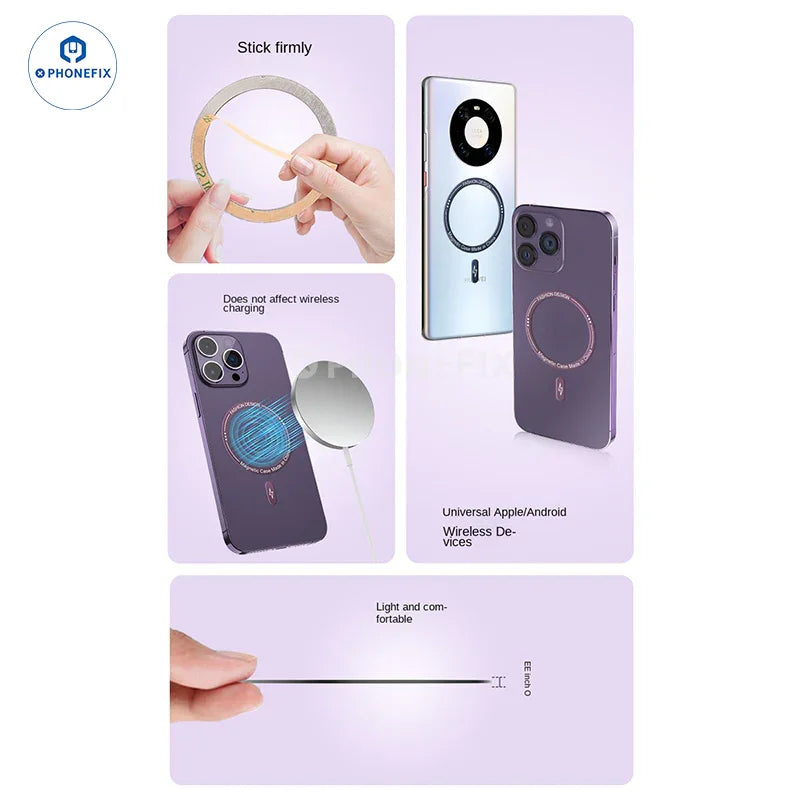 PHONEFIX MagSafe universal magnetic ring iron sheet for iPhone cases, supporting magnetic accessories and wireless charging.
