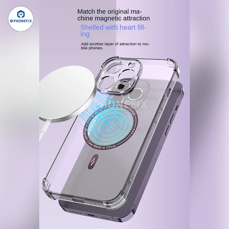 PHONEFIX MagSafe universal magnetic ring iron sheet attached to an iPhone case for secure magnetic support and accessories.