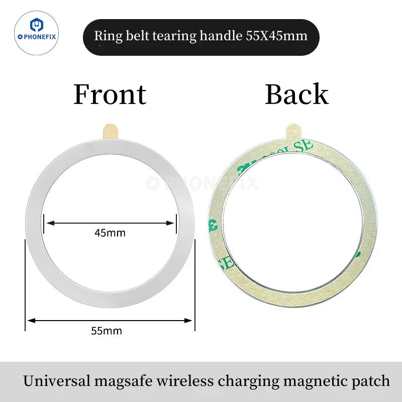 PHONEFIX MagSafe universal magnetic ring iron sheet for iPhone case support, shown attached to a phone case.
