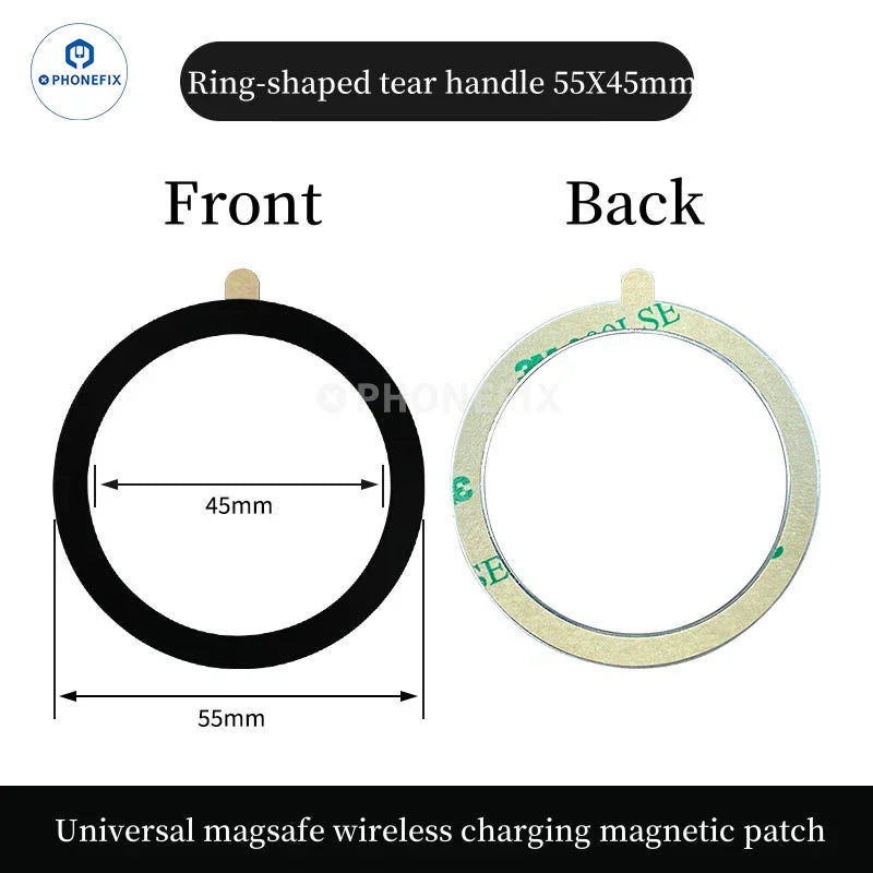 PHONEFIX MagSafe universal magnetic ring iron sheet attached to an iPhone case for secure magnetic phone support.