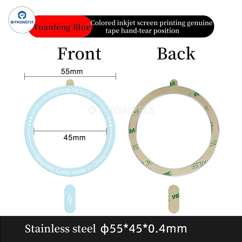 PHONEFIX MagSafe universal magnetic ring iron sheet attached to an iPhone case for secure magnetic support and compatibility.