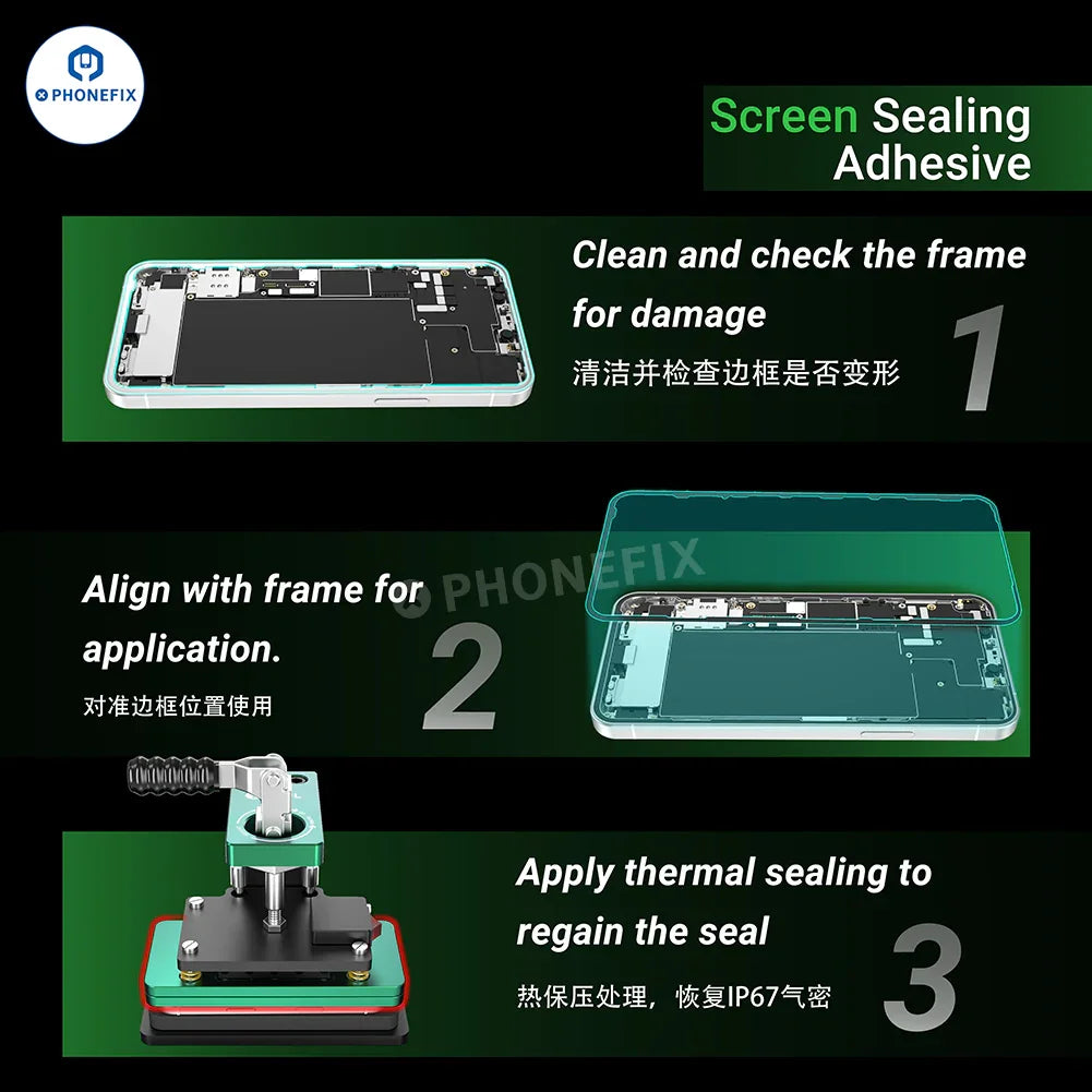 Close-up of PHONEFIX 2UUL iPhone screen sealing adhesive waterproof double-sided tape showing adhesive side and packaging details.