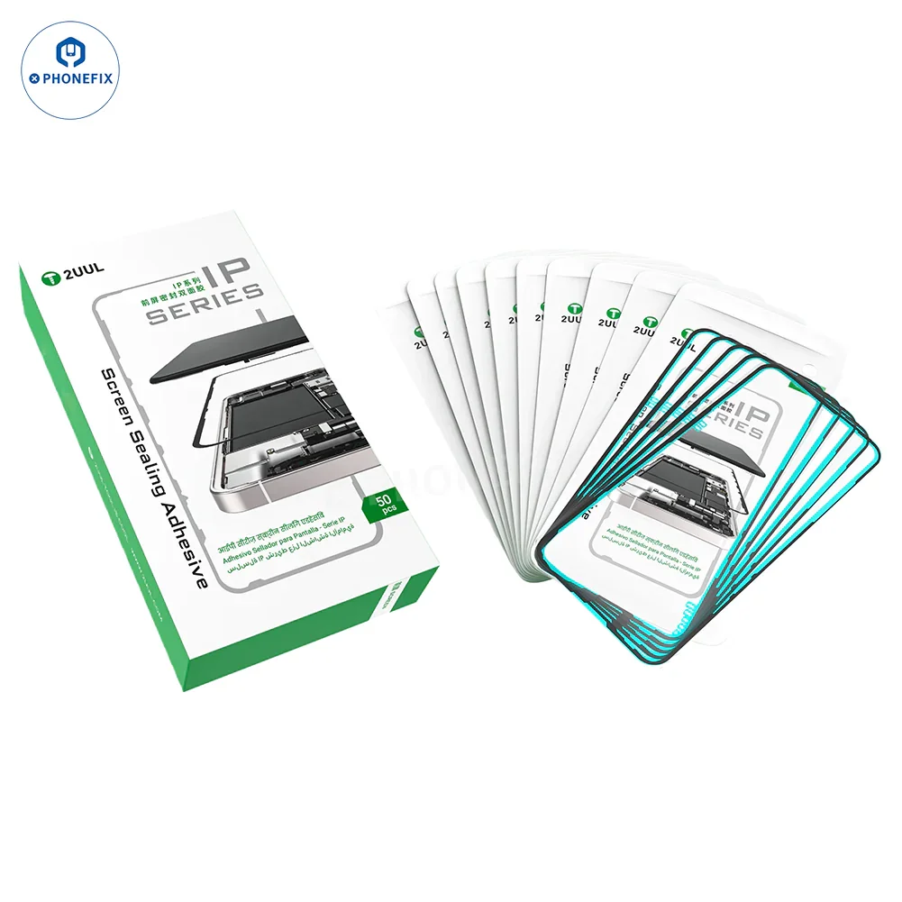 PHONEFIX 2UUL iPhone screen sealing adhesive waterproof double-sided tape, shown in packaging with tape roll and application area.