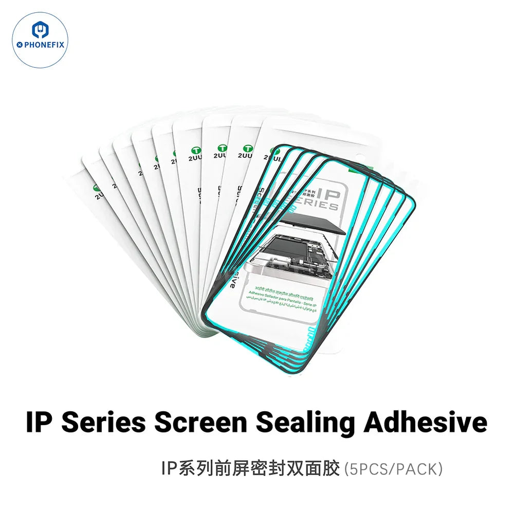 Close-up of PHONEFIX 2UUL iPhone screen sealing adhesive waterproof double-sided tape applied to an iPhone screen for waterproof sealing.