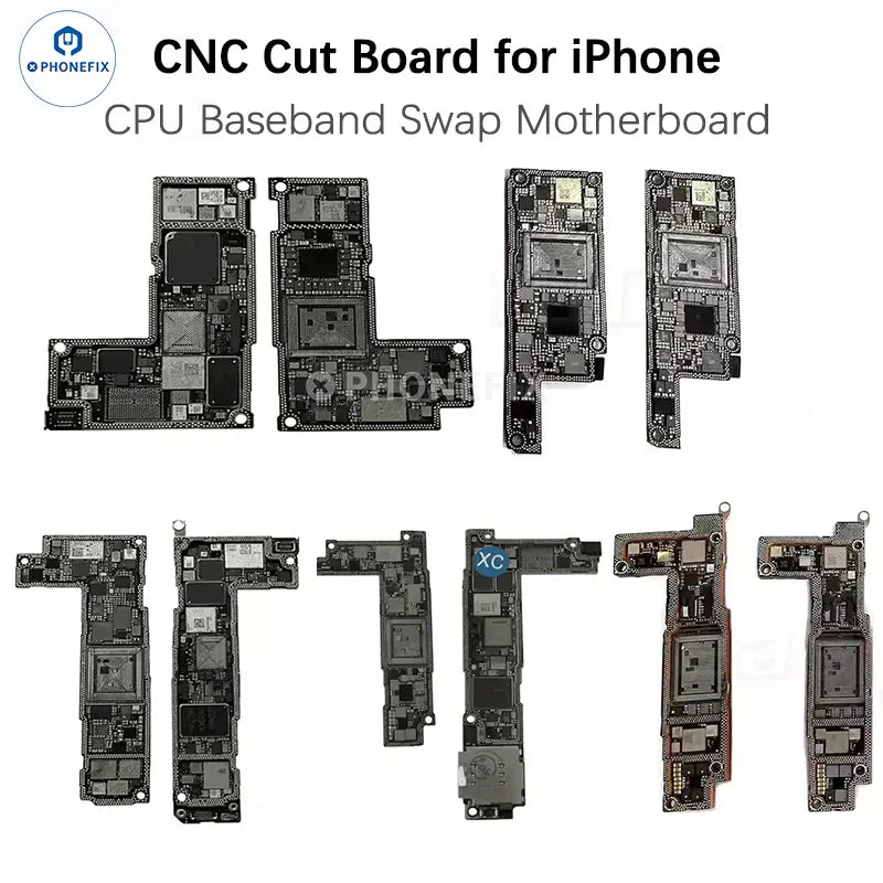 CNC motherboard for iPhone 13-16 Pro Max baseband CPU swap, PHONEFIX iPhone accessories, showing the precision-machined circuit board