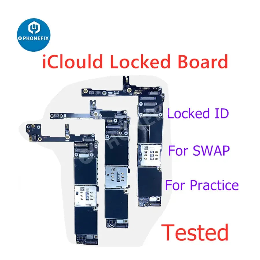 iPhone 6-13 Pro Max iCloud ID Locked motherboard for iPhone accessories by PHONEFIX, showing circuit board with components.