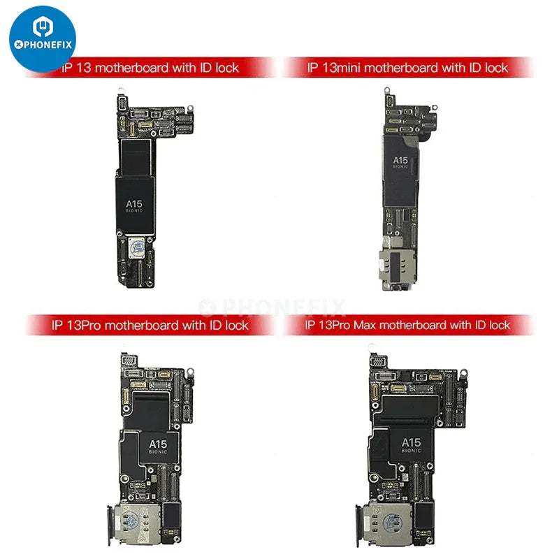 Cartes mères iPhone 6-13 Pro Max avec verrouillage iCloud ID de PHONEFIX, présentant les détails des circuits imprimés et les connecteurs.