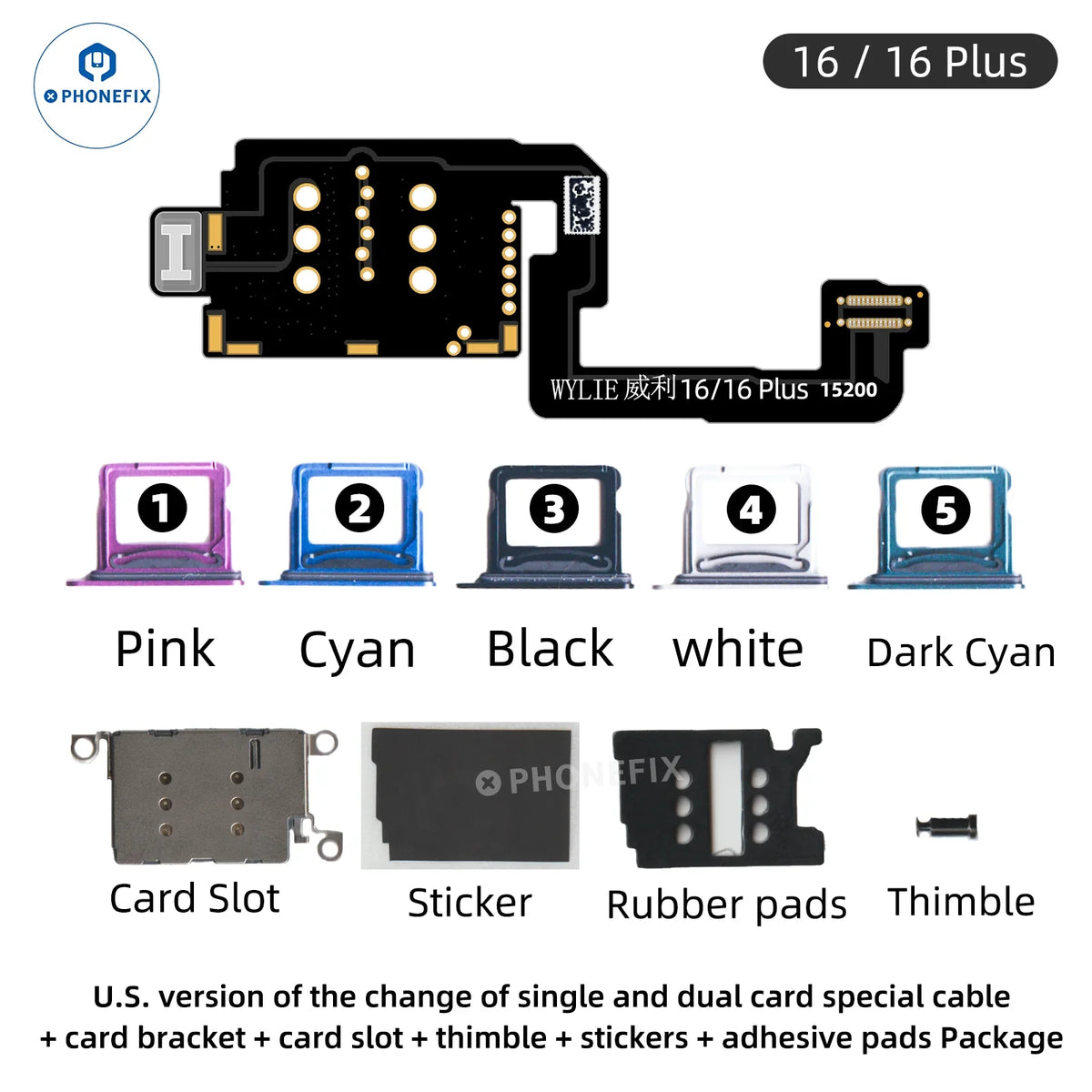 Cable especial PHONEFIX WYLIE US para iPhone 16/16 Plus con conexión eSIM a tarjeta SIM simple o doble. Accesorios para iPhone.