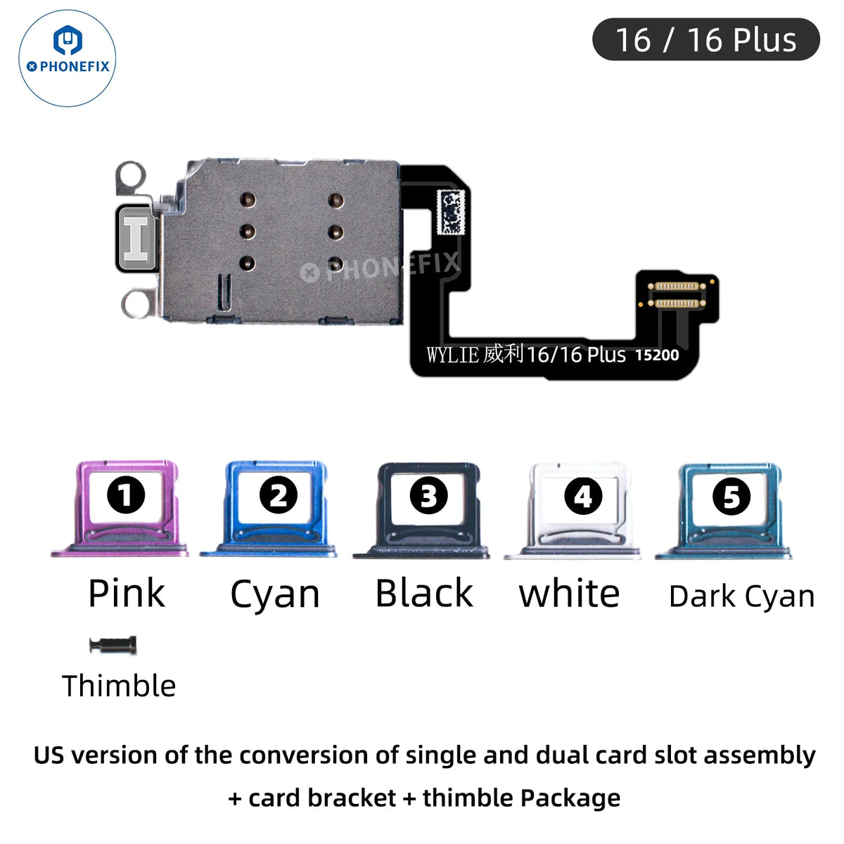 Cable adaptador PHONEFIX WYLIE US para iPhone 16/16 Plus con tarjeta SIM simple o doble, para accesorios de iPhone, mostrando el cable y los conectores.